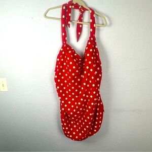 Esther Williams Polka Dots Red White One Piece Tie Neck Modest Bathing Suit 34W